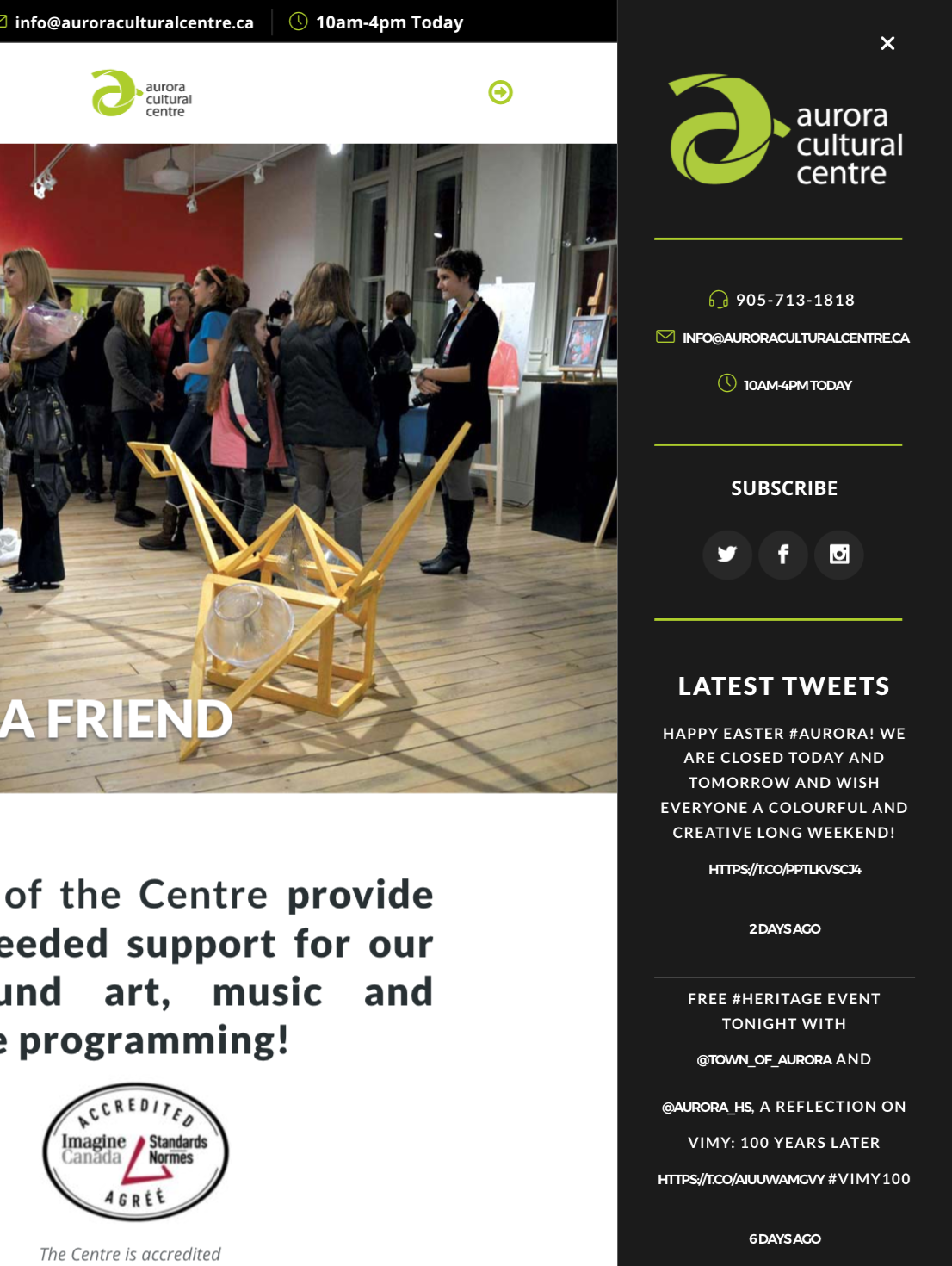 Aurora Cultural Centre Website Sidebar on Tablet
